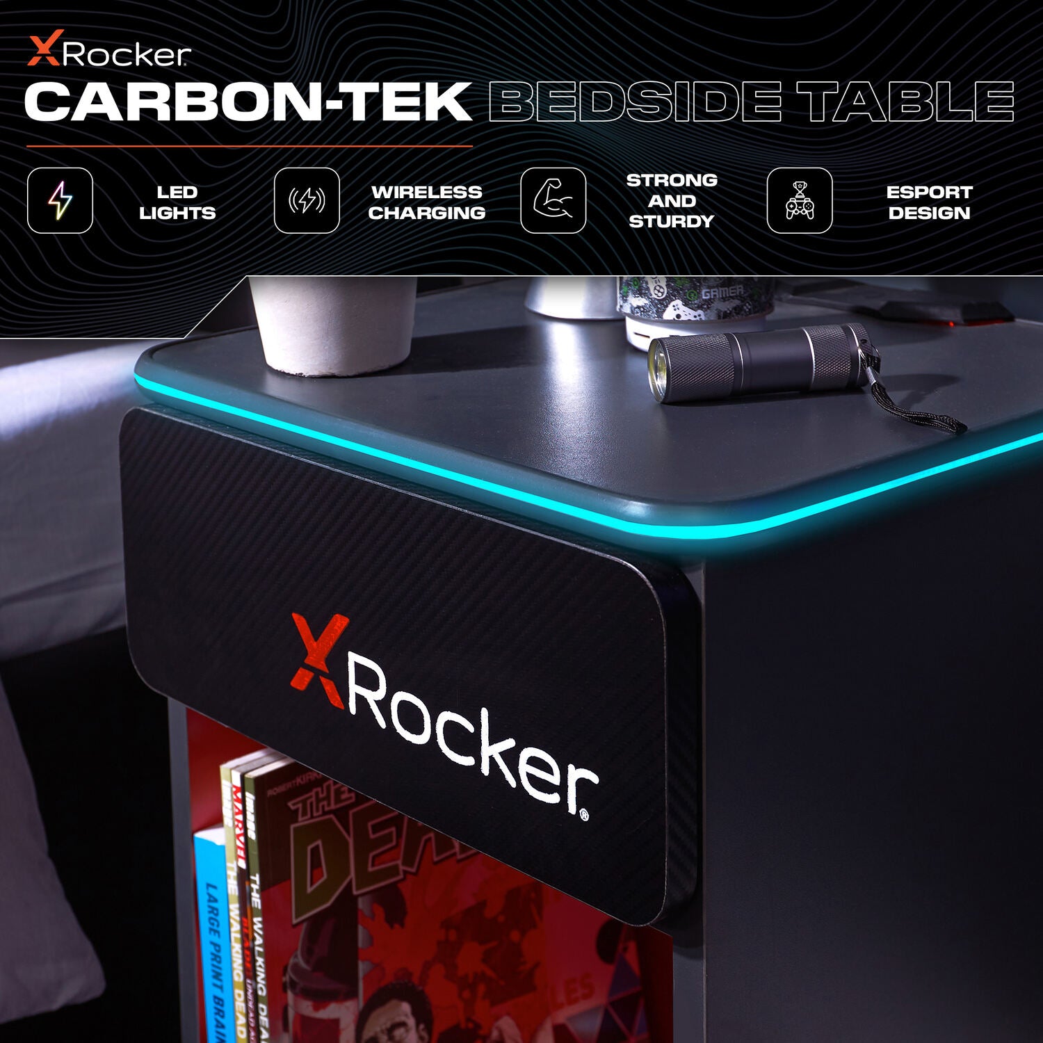 Carbon-Tek LED Bedside Side Table with Wireless Charging and Drawer - Grey / Red RGB