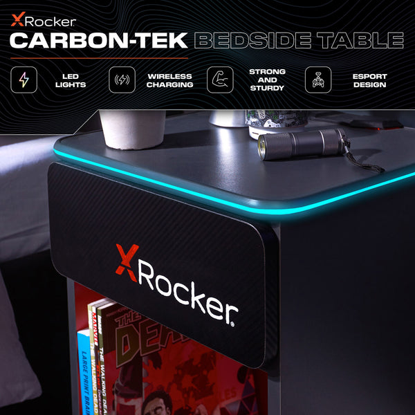 Carbon-Tek LED Bedside Side Table with Wireless Charging and Drawer - Grey / Red RGB