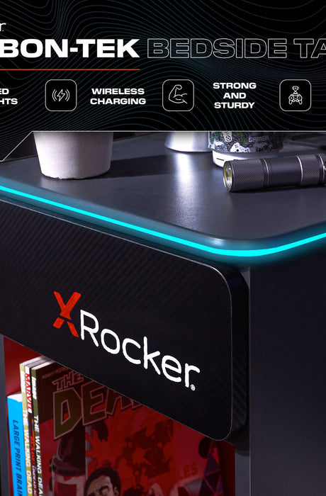 Carbon-Tek LED Bedside Side Table with Wireless Charging and Drawer - Grey / Red RGB