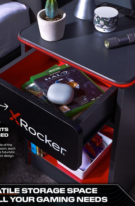 Carbon-Tek LED Bedside Side Table with Wireless Charging and Drawer - Grey / Red RGB
