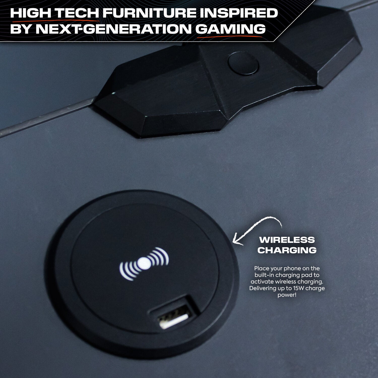 Carbon-Tek LED Bedside Side Table with Wireless Charging and Drawer - Grey / Red RGB