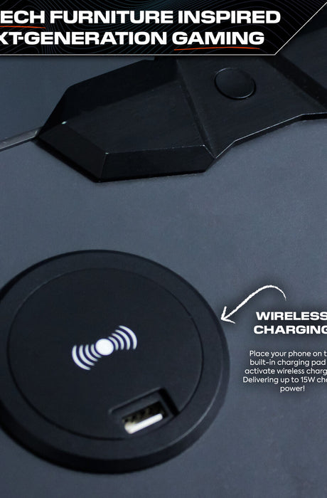Carbon-Tek LED Bedside Side Table with Wireless Charging and Drawer - Grey / Red RGB