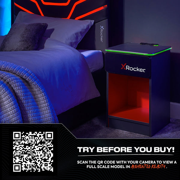 Carbon-Tek LED Bedside Side Table with Wireless Charging and Drawer - Grey / Red RGB