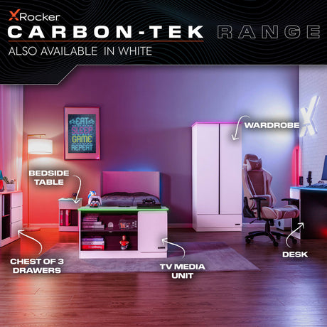 Carbon-Tek LED Bedside Side Table with Wireless Charging and Drawer - Grey / Red RGB