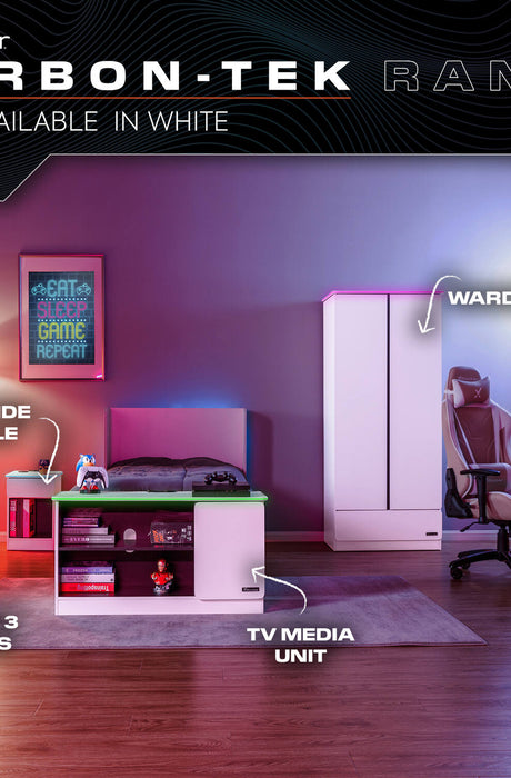 Carbon-Tek LED Bedside Side Table with Wireless Charging and Drawer - Grey / Red RGB
