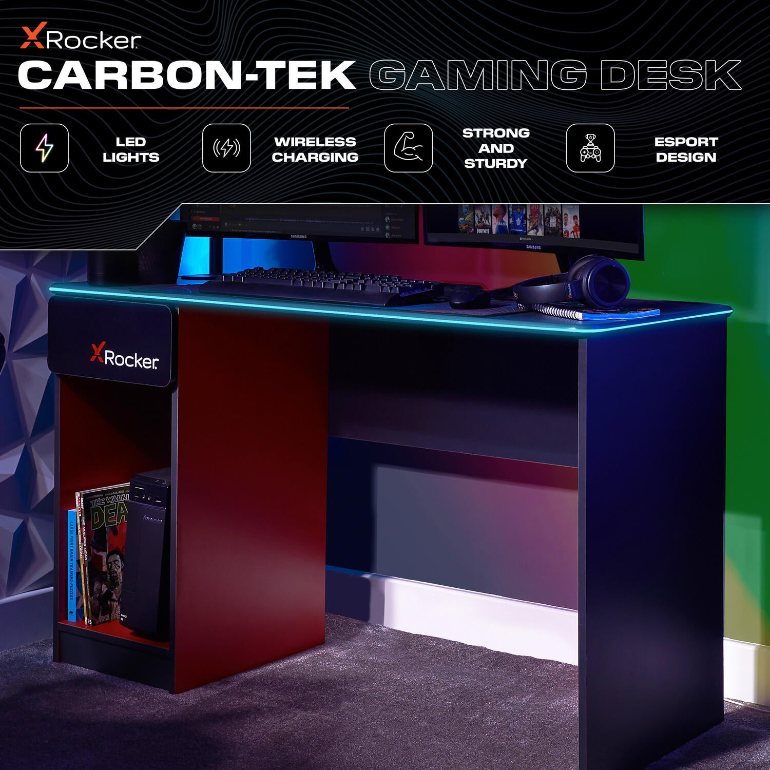 Carbon-Tek 120cm LED Gaming Desk with Wireless Charging - Grey / Red RGB