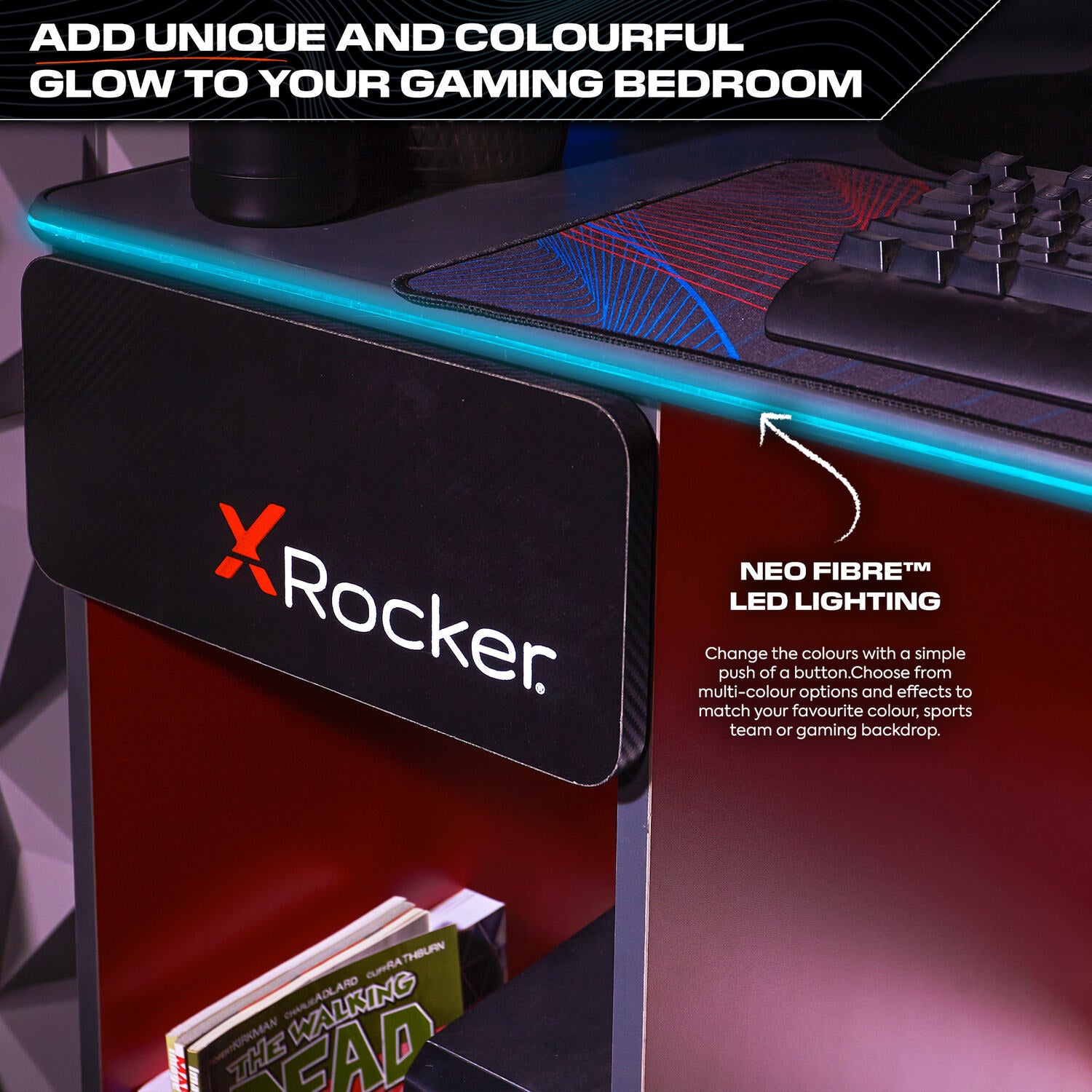 Carbon-Tek 120cm LED Gaming Desk with Wireless Charging - Grey / Red RGB