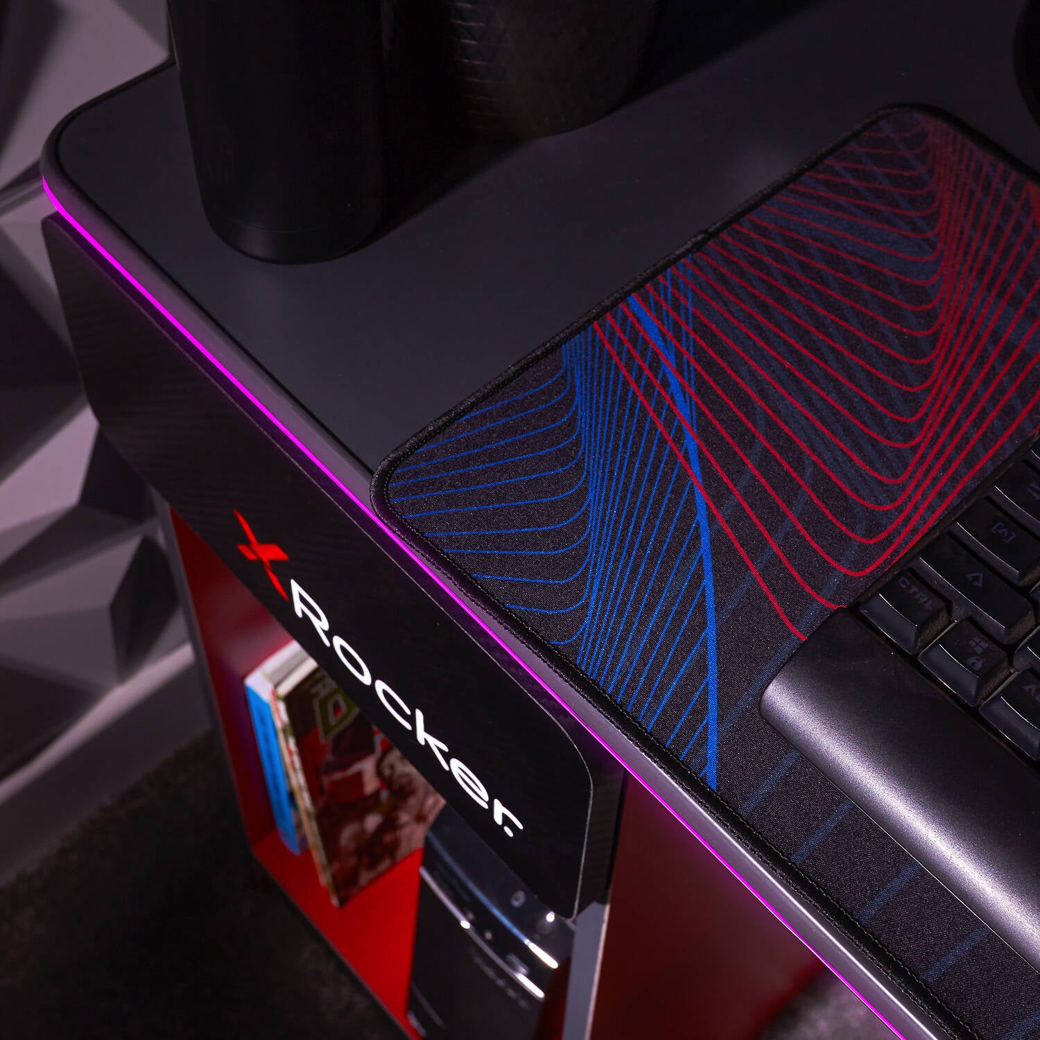 Carbon-Tek 120cm LED Gaming Desk with Wireless Charging - Grey / Red RGB