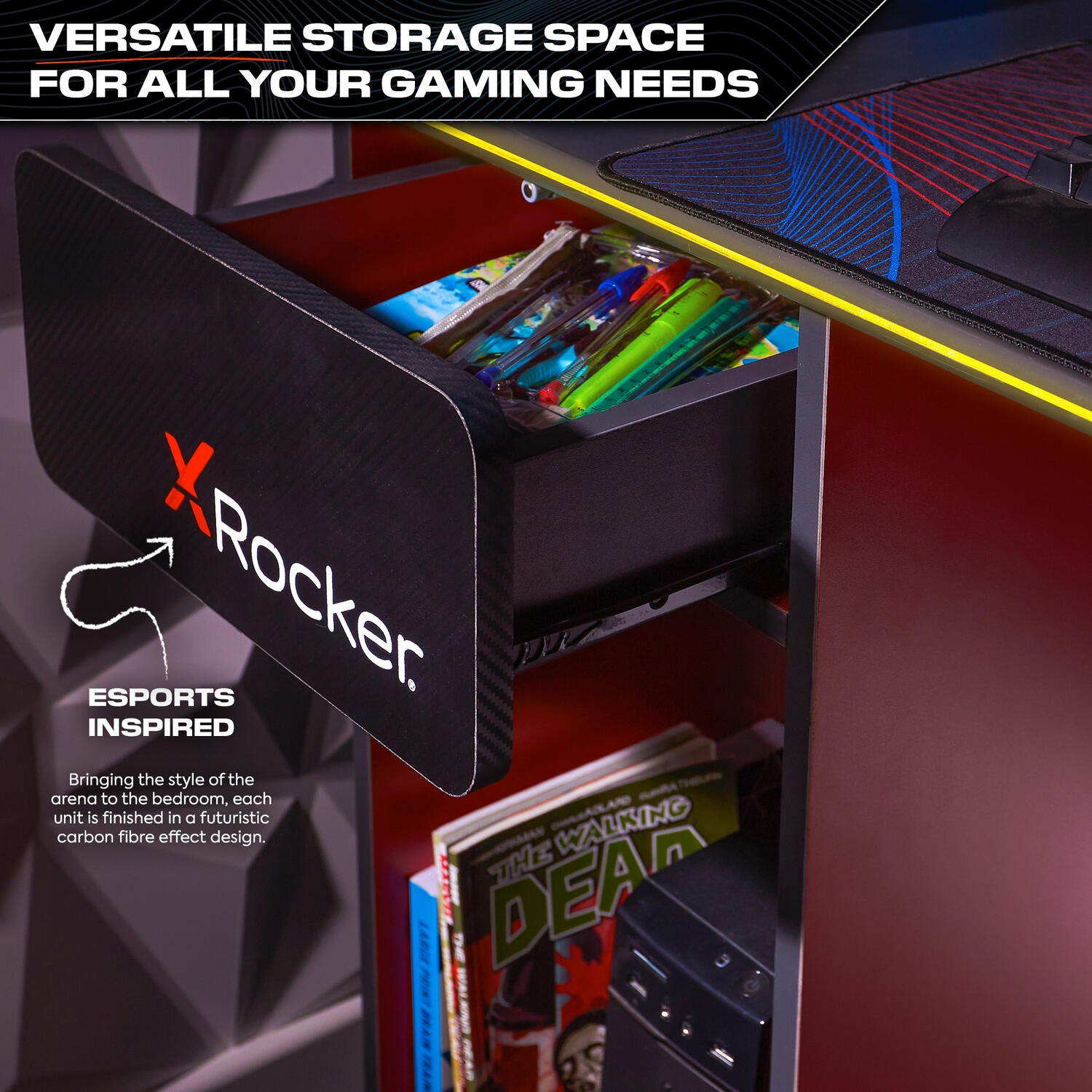 Carbon-Tek 120cm LED Gaming Desk with Wireless Charging - Grey / Red RGB