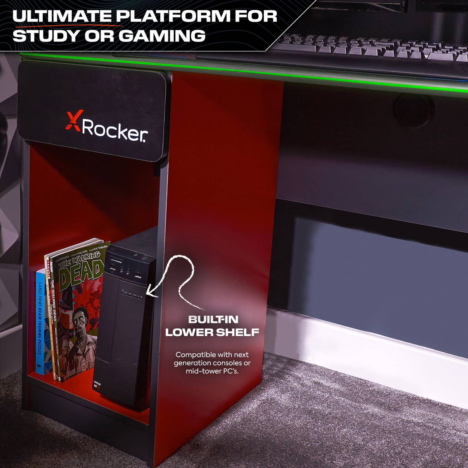 Carbon-Tek 120cm LED Gaming Desk with Wireless Charging - Grey / Red RGB