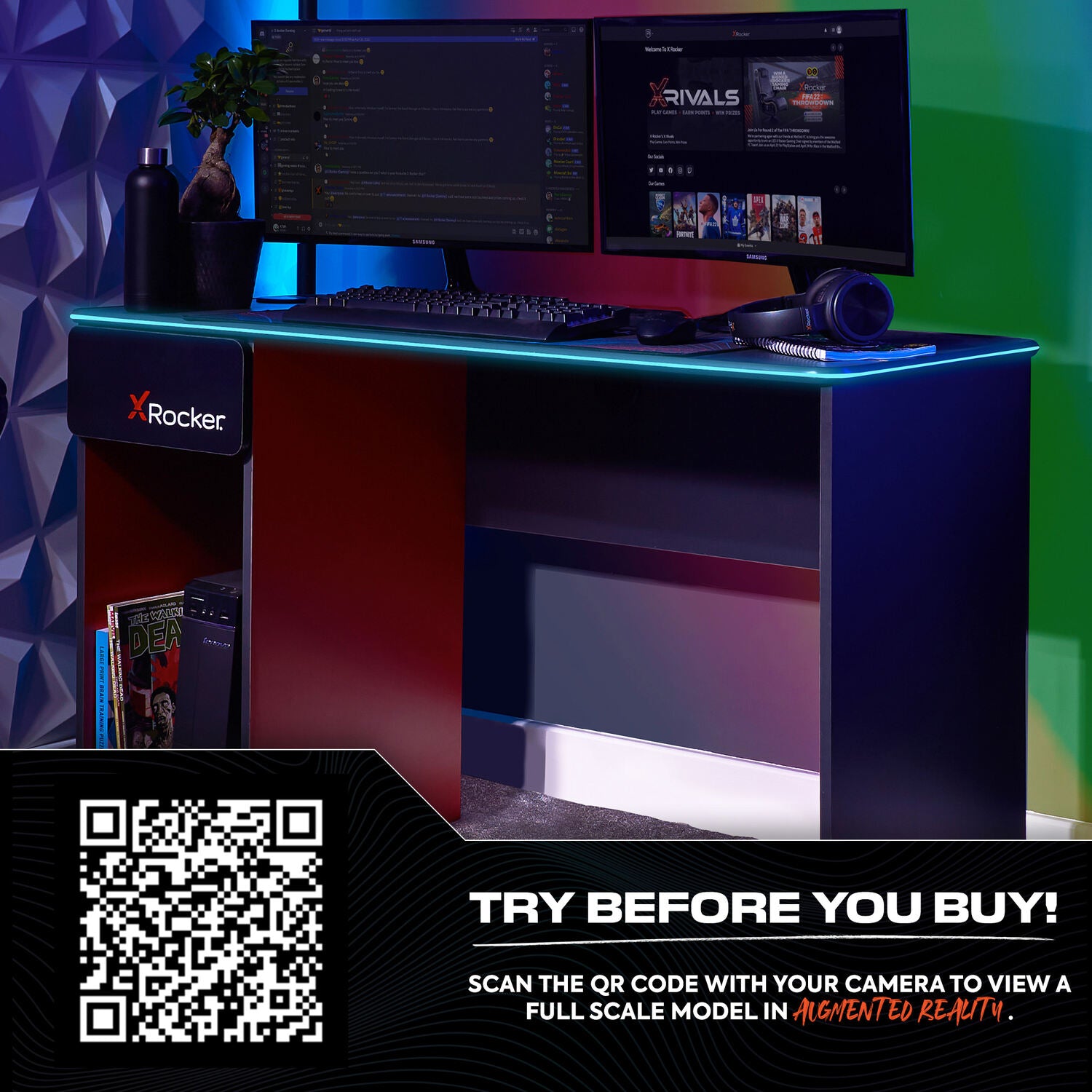 Carbon-Tek 120cm LED Gaming Desk with Wireless Charging - Grey / Red RGB