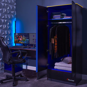 Carbon-Tek 2 Door Wardrobe with Drawer and LED Lights - Grey / Blue