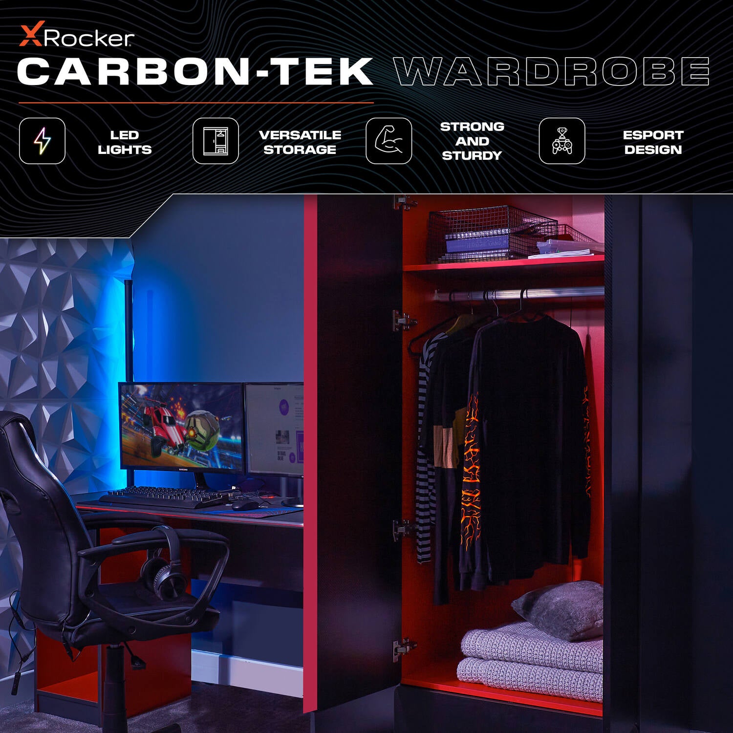 Carbon-Tek LED 2-Door Wardrobe with Drawer - Grey / Red RGB
