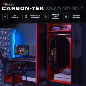 Carbon-Tek 2 Door Wardrobe with Drawer and LED Lights - Grey / Red