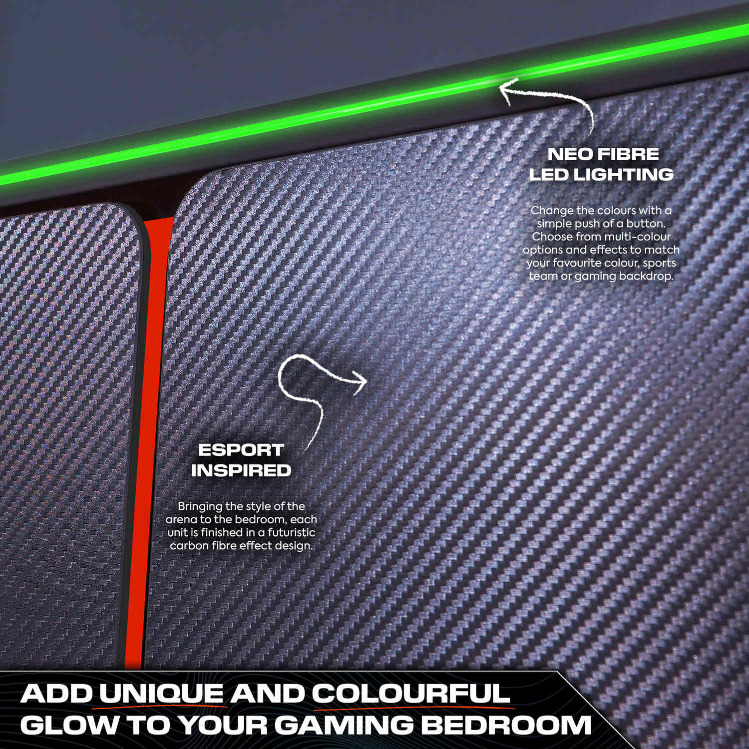 Carbon-Tek LED 2-Door Wardrobe with Drawer - Grey / Red RGB