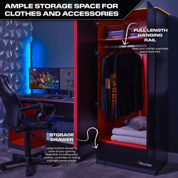 Carbon-Tek LED 2-Door Wardrobe with Drawer - Grey / Red RGB