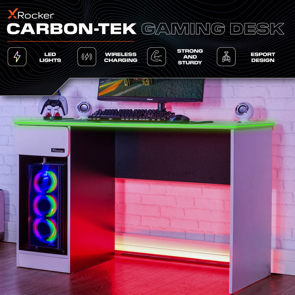 Carbon-Tek Gaming Desk with Wireless Charging and LED Lights - White