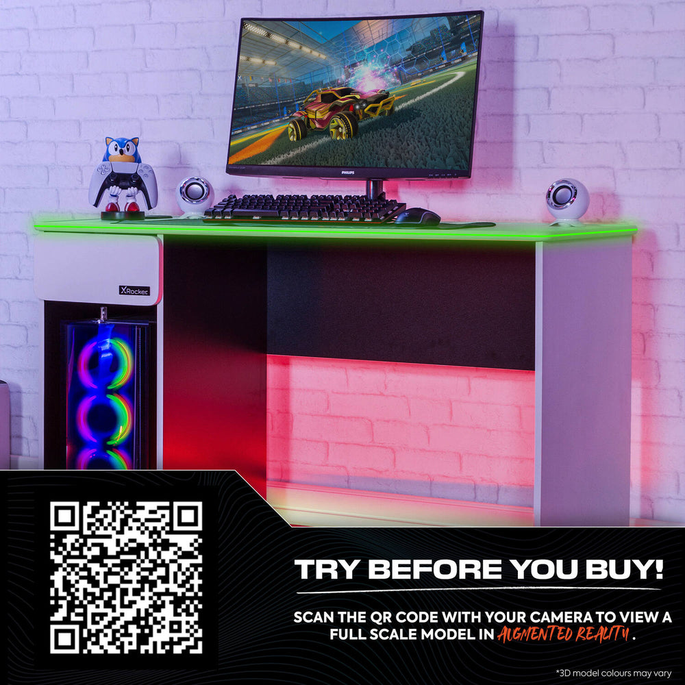 Carbon-Tek Gaming Desk with Wireless Charging and LED Lights - White