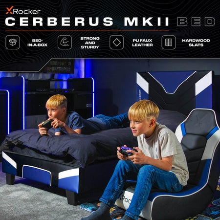 Cerberus Gaming Bed in a Box (blue) stylish space saving gaming bed with a padded headboard and sturdy frame. 