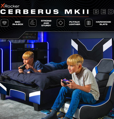 Cerberus Gaming Bed in a Box (blue) stylish space saving gaming bed with a padded headboard and sturdy frame. 