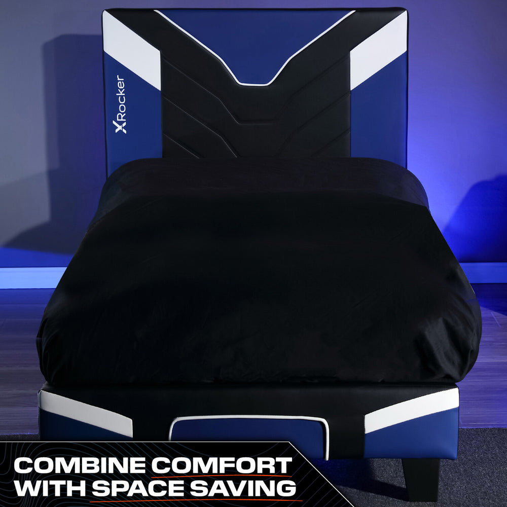 X Rocker Cerberus MK11 Gaming Bed striking blue gaming bed with a padded headboard and ergonomic gamer inspired design 