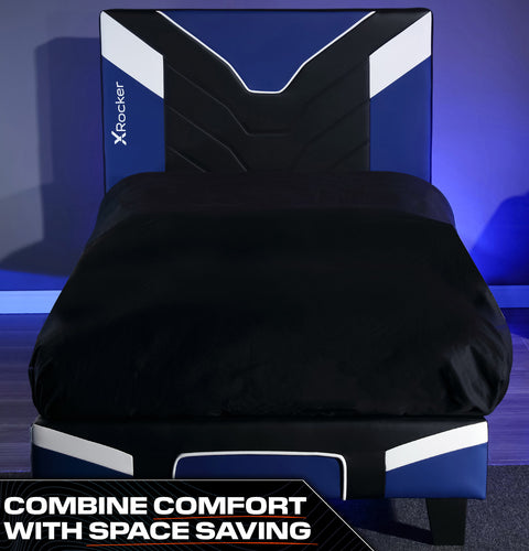 X Rocker Cerberus MK11 Gaming Bed striking blue gaming bed with a padded headboard and ergonomic gamer inspired design 