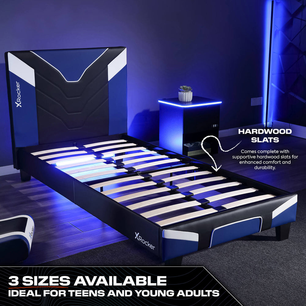 Blue gaming bed by X Rocker Cerberus Gaming Bed in a Box for gamers seeking both comfort and modern bedroom design