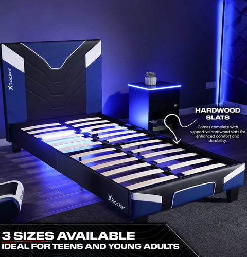 Blue gaming bed by X Rocker Cerberus Gaming Bed in a Box for gamers seeking both comfort and modern bedroom design