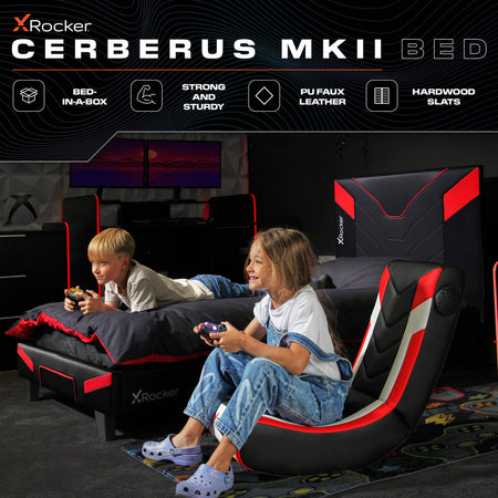 Cerberus MK11 Gaming Bed in a box by X Rocker compact carbon black and red gaming bed perfect for small spaces