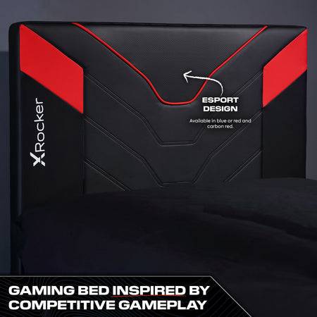 X Rocker carbon black and red gaming bed cerberus MK11 features a durable frame padded headboard and easy assembly