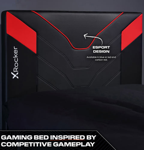 X Rocker carbon black and red gaming bed cerberus MK11 features a durable frame padded headboard and easy assembly