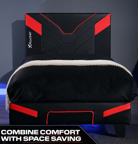 X Rocker cerberus MK11 Gaming Bed stylish carbon black and red upholstered bed with a modern gamer friendly aesthetic 