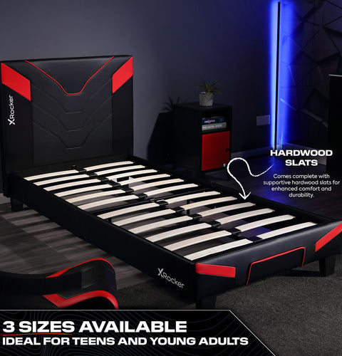 Carbon black and red gaming bed by X rocker cerberus MK11 gaming bed in a box designed for gaming enthusiasts