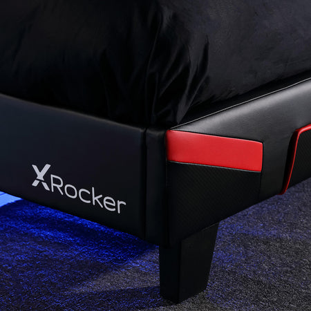 X Rocker cerberus MK11 Gaming Bed bold carbon black and red design with a sleek upholstered headboard for comfort. 