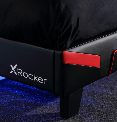 X Rocker cerberus MK11 Gaming Bed bold carbon black and red design with a sleek upholstered headboard for comfort. 