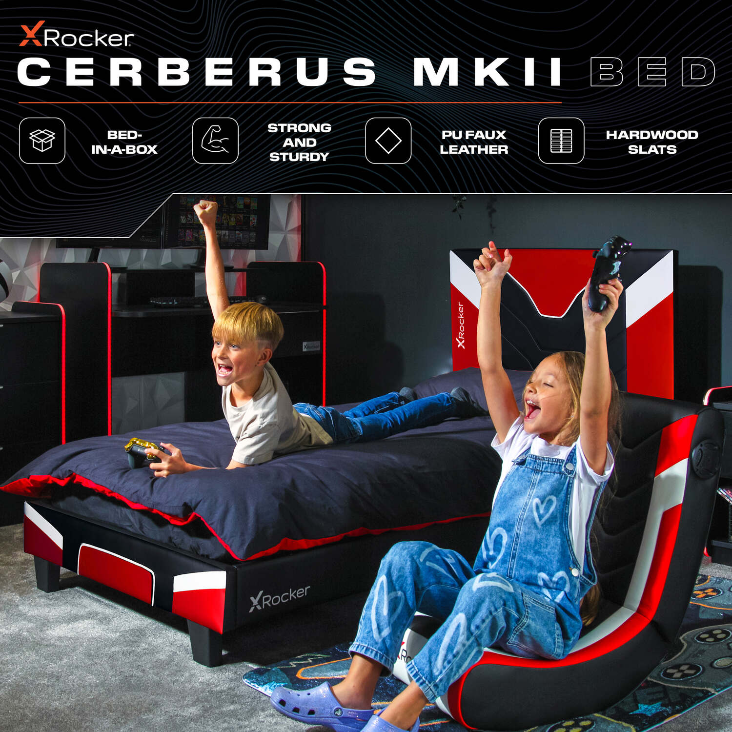 Cerberus MK11Gaming bed in a box (red) stylish space having gaming bed with a padded headboard and durable frame 