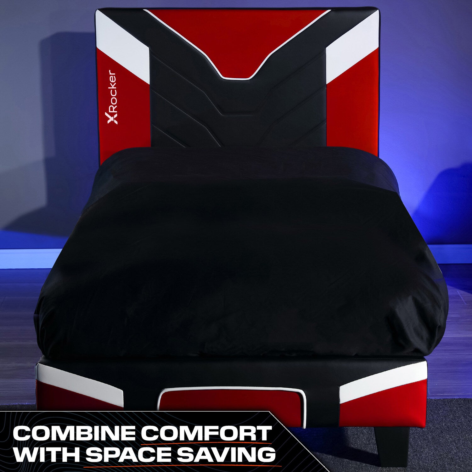 X Rocker Cerberus MK11 Gaming Bed Striking red gaming bed with a padded headboard and gamer inspired aesthetics.