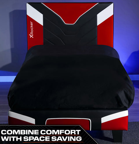 X Rocker Cerberus MK11 Gaming Bed Striking red gaming bed with a padded headboard and gamer inspired aesthetics.
