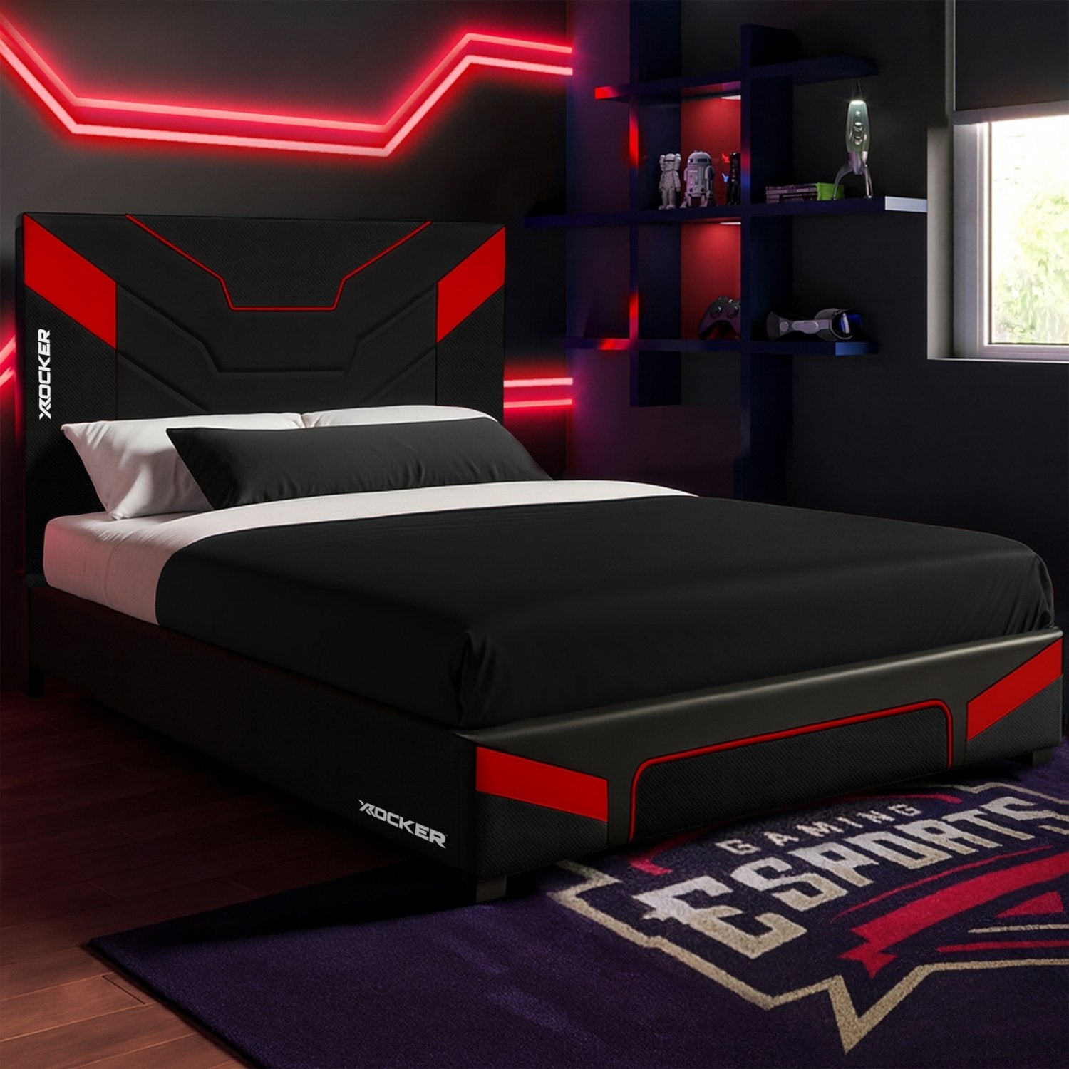 Gaming-themed bedroom with a bed, shelves, and a rug featuring 'Gaming Esports' text.