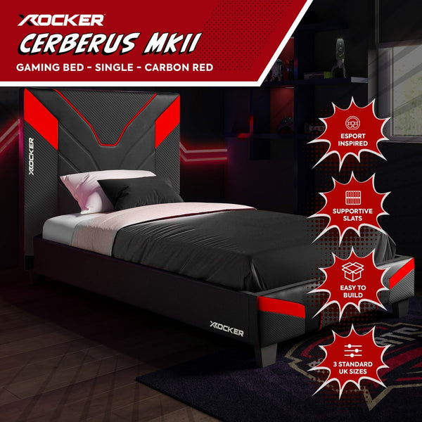 Gaming bed with red and black design, featuring X rocker branding.