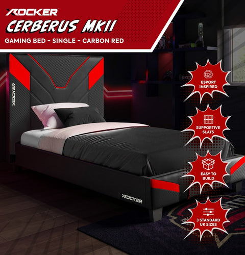 Gaming bed with red and black design, featuring X rocker branding.