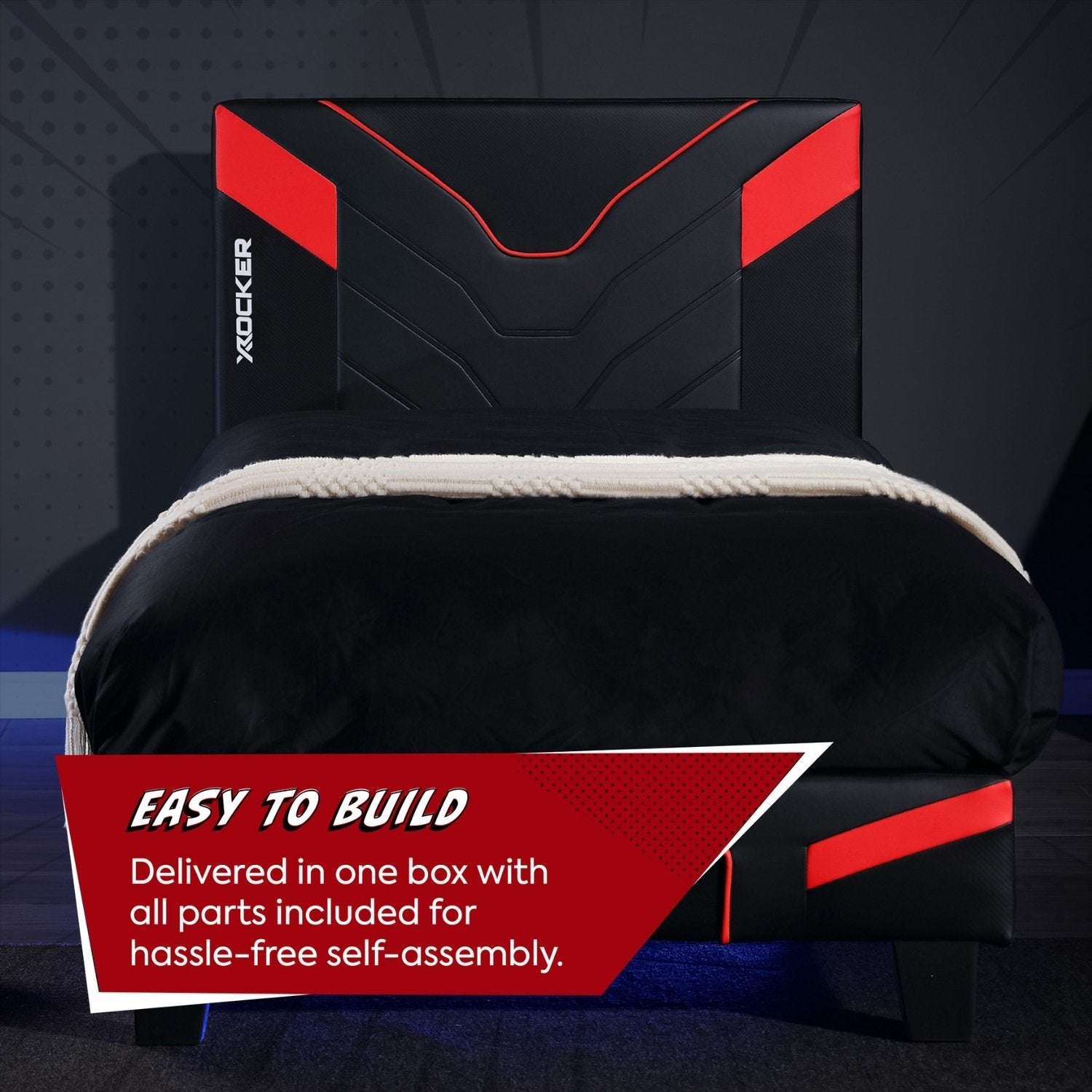 Black and red gaming bed with X rocker branding on a dark background