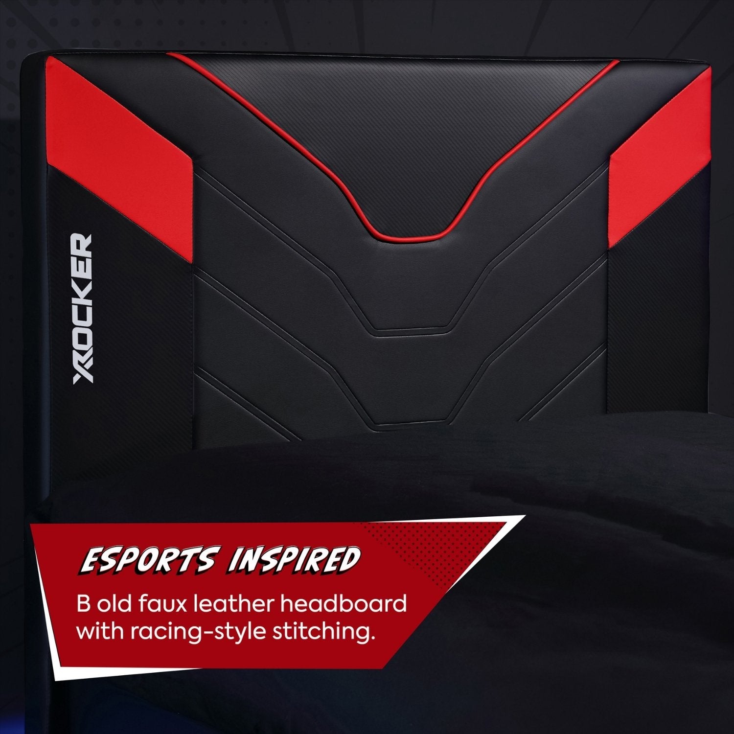 Black and red headboard with racing-style stitching and X rocker branding.