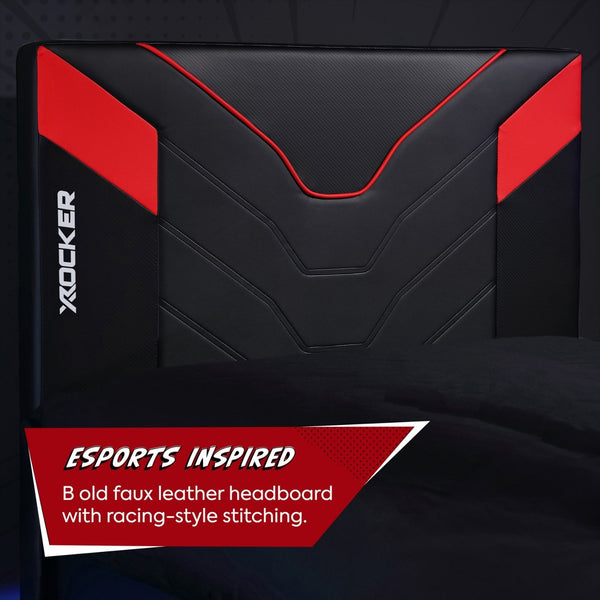 Black and red headboard with racing-style stitching and X rocker branding.