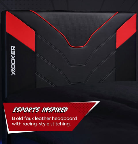 Black and red headboard with racing-style stitching and X rocker branding.