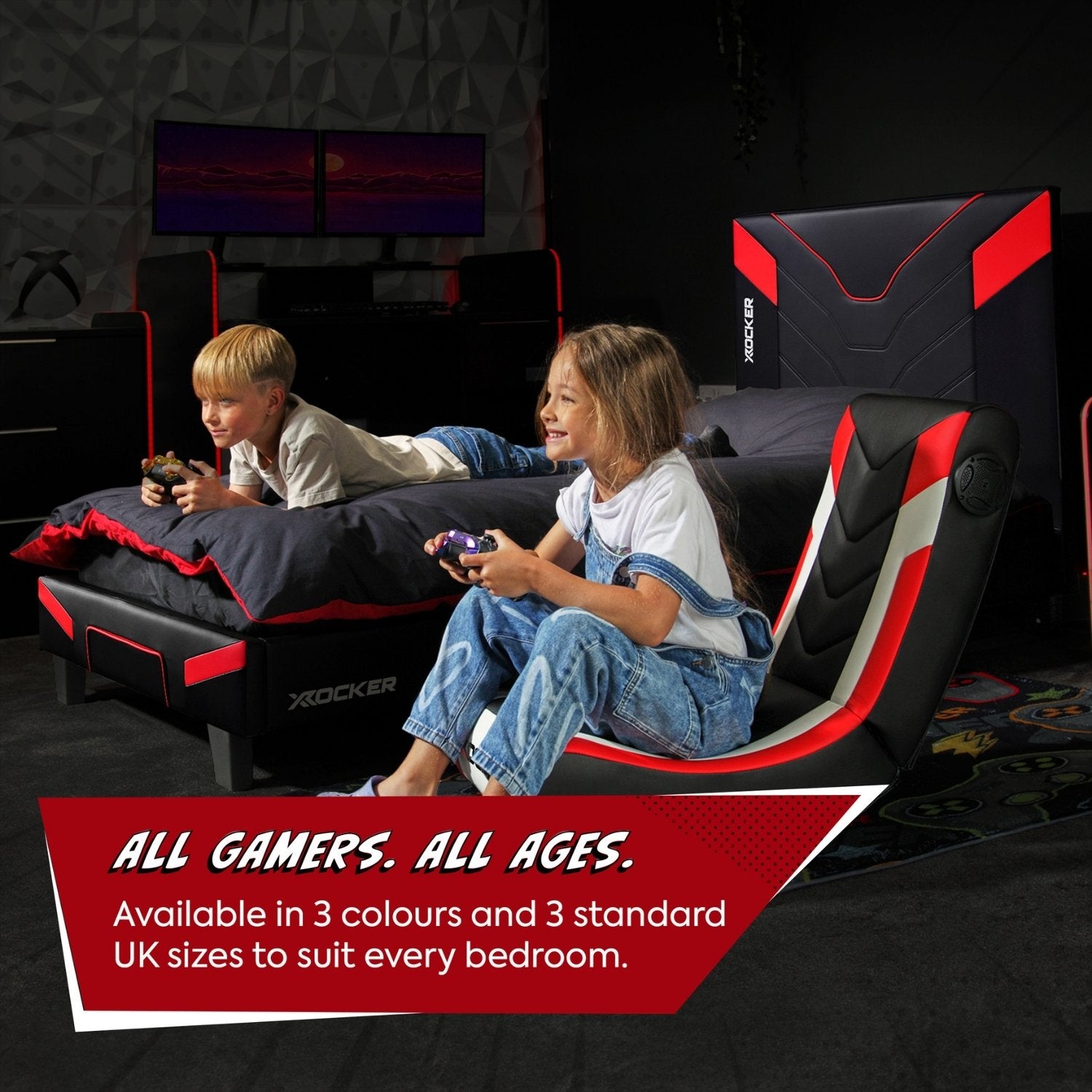 Two children playing video games on a gaming bed with promotional text overlay.