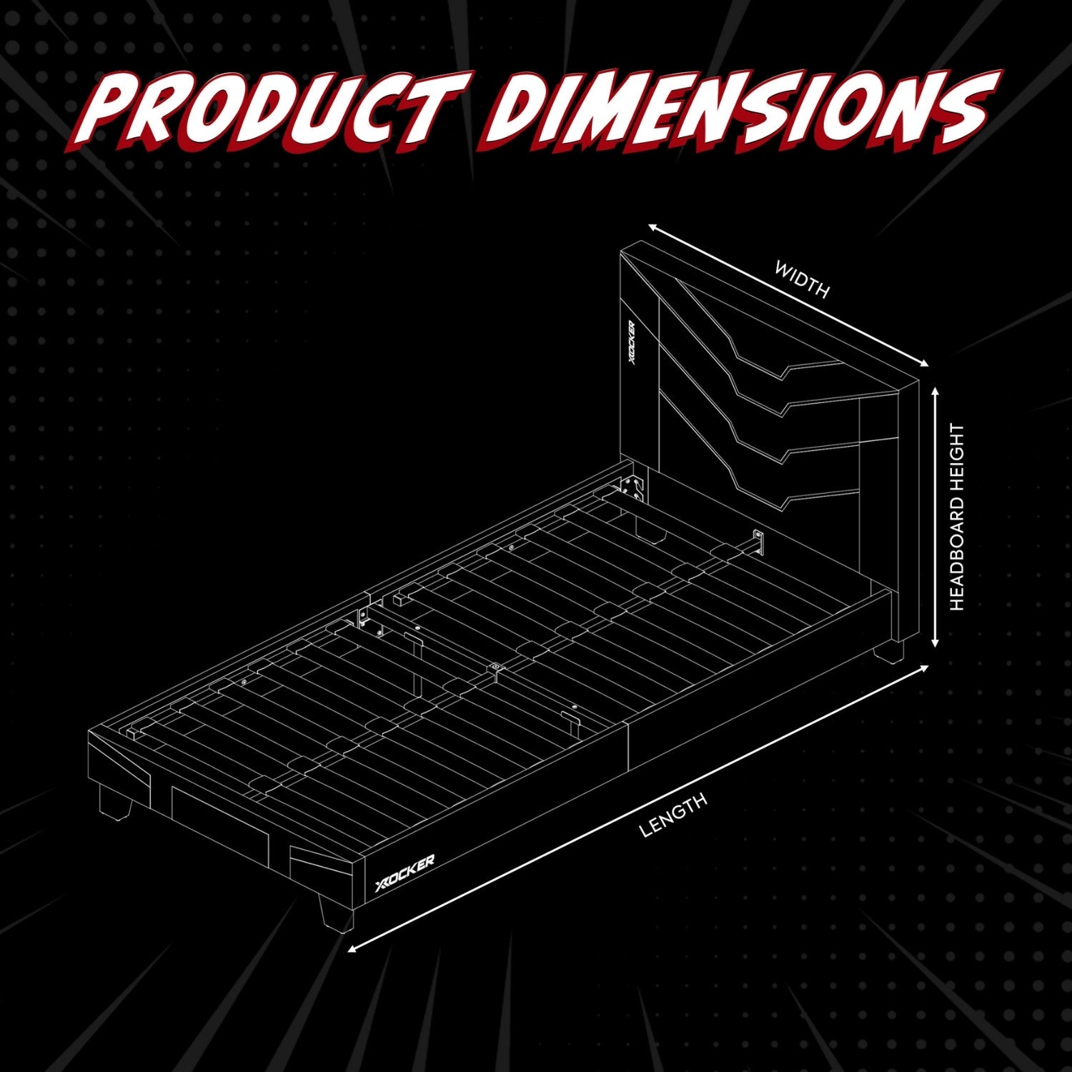 Diagram of a bed with dimensions labeled on a black background