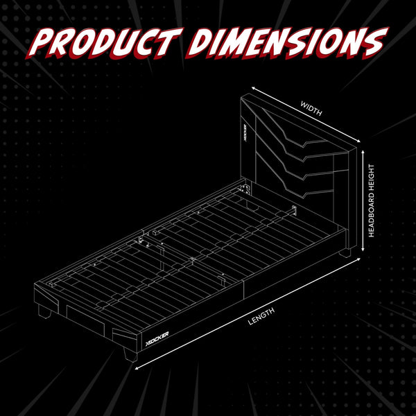 Diagram of a bed with dimensions labeled on a black background
