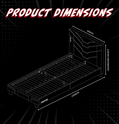Diagram of a bed with dimensions labeled on a black background