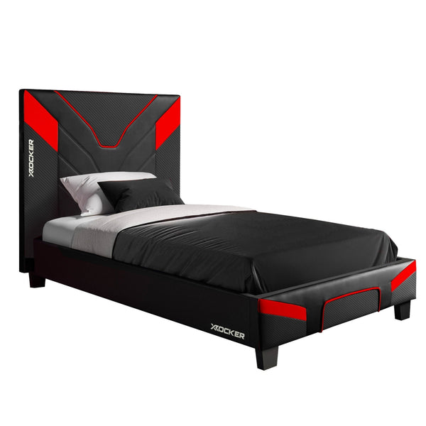 Black and red bed with X rocker branding on a white background
